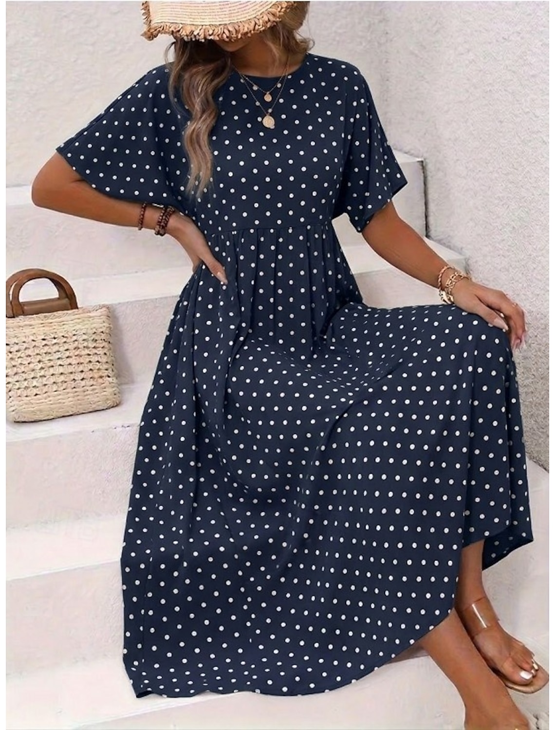 Women's Midi Dress Casual Dress T Shirt Dress Tee Dress A Line Dress Elegant Fashion Modern Outdoor Vacation Going out Regular Fit Polka Dot Short Sleeve Crew Neck Blue Yellow Pink Green Summer Spring