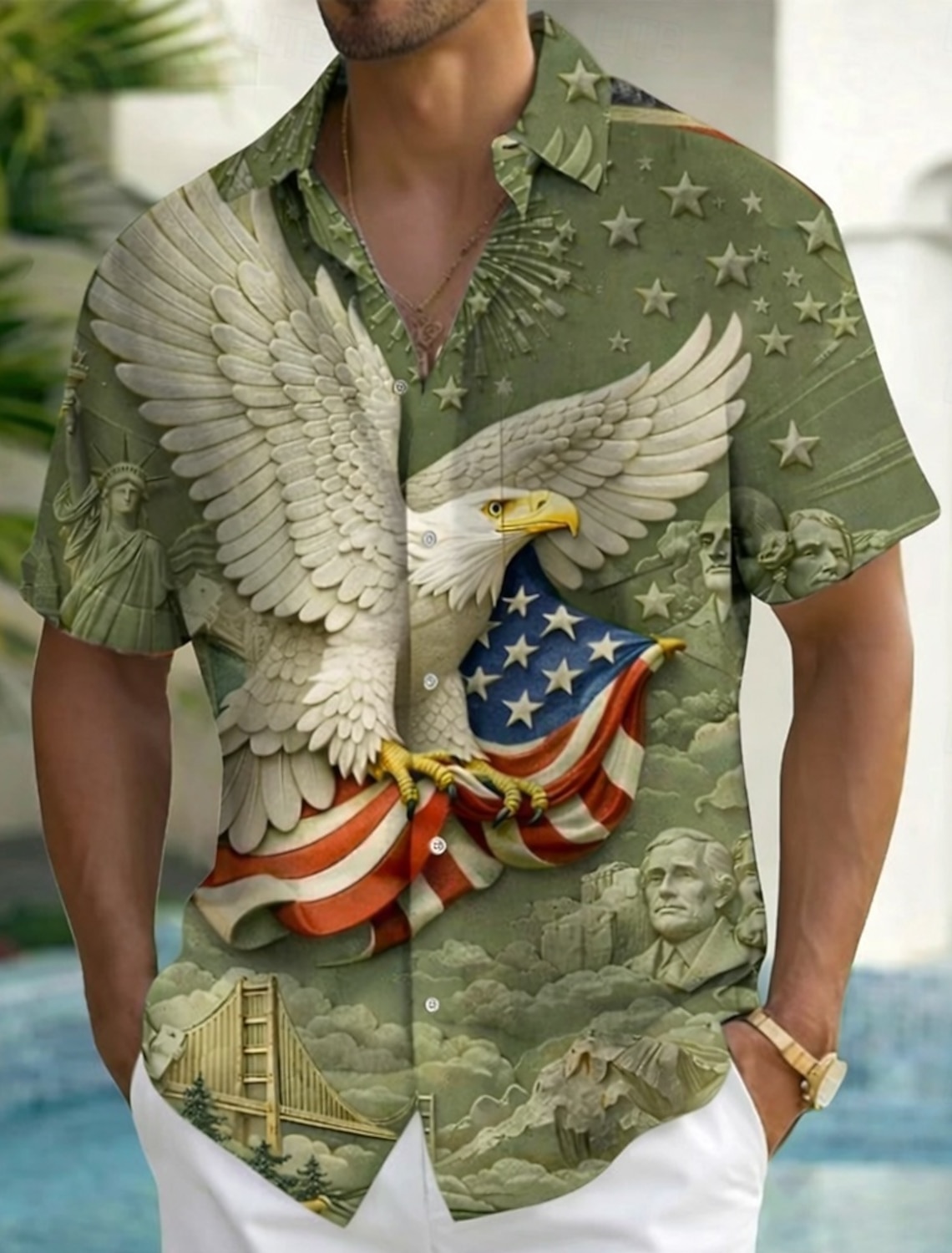 Men's American US Flag 4th of July U.S. 250th Anniversary Patriotic Shirt Button Up Shirt Short Sleeve Fashion Casual Vacation Holiday Beach Wear Summer Spring Turndown 3D Print Collared Shirts White