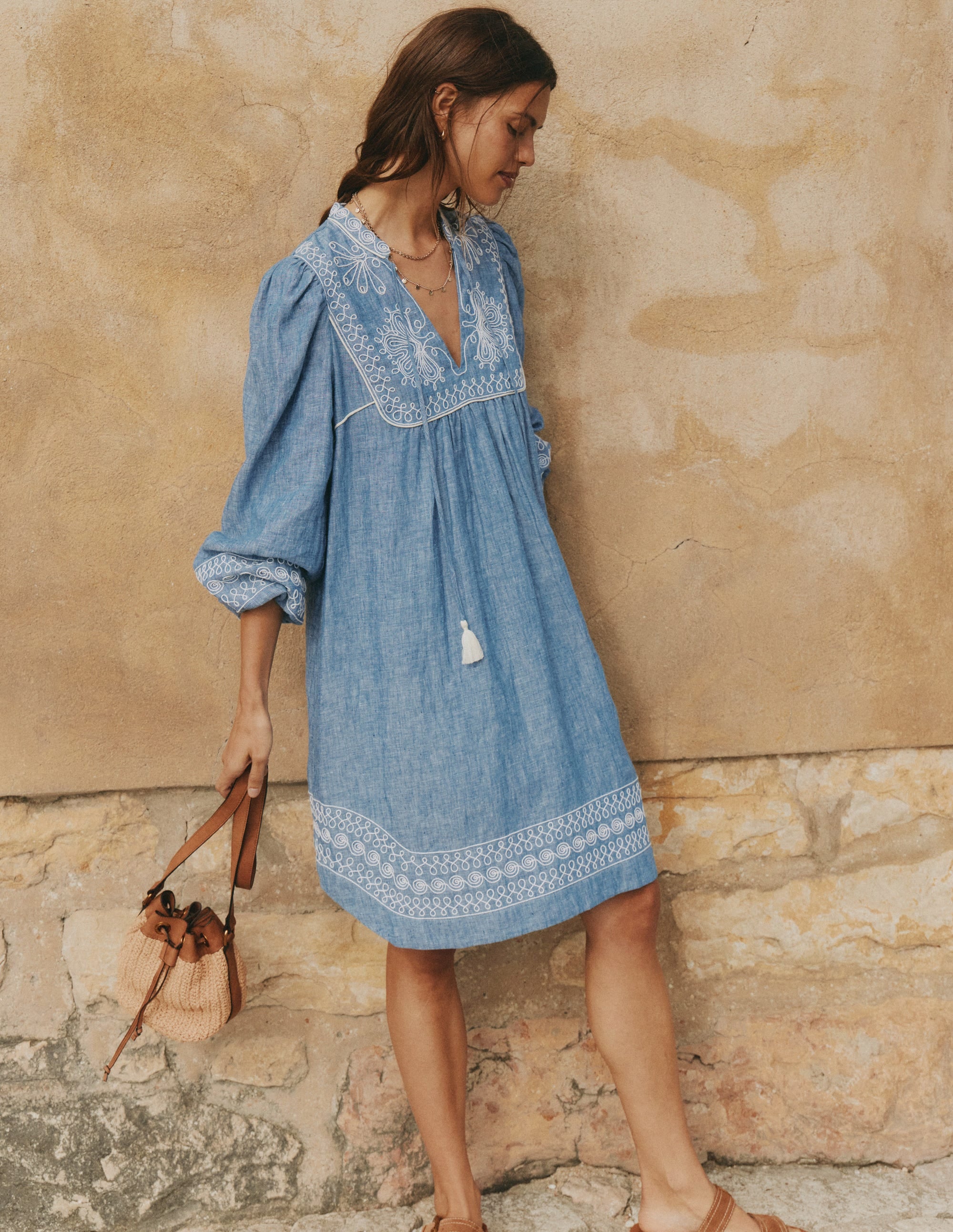 Pia Linen Yoke Tassel Dress