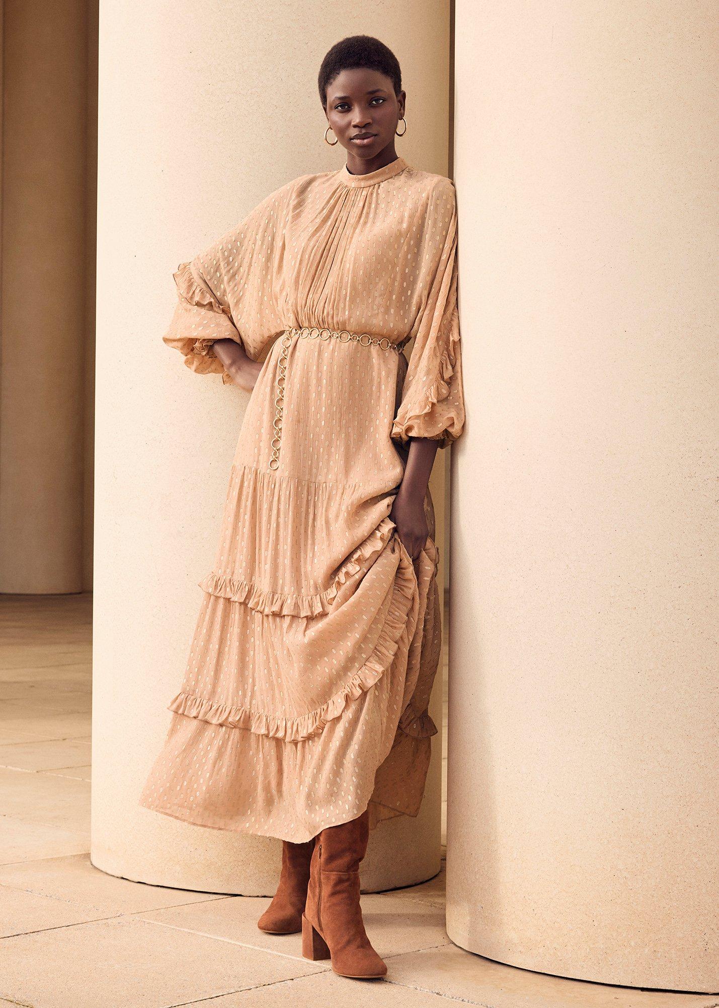 Priscilla Shimmer Ruffle Maxi Dress