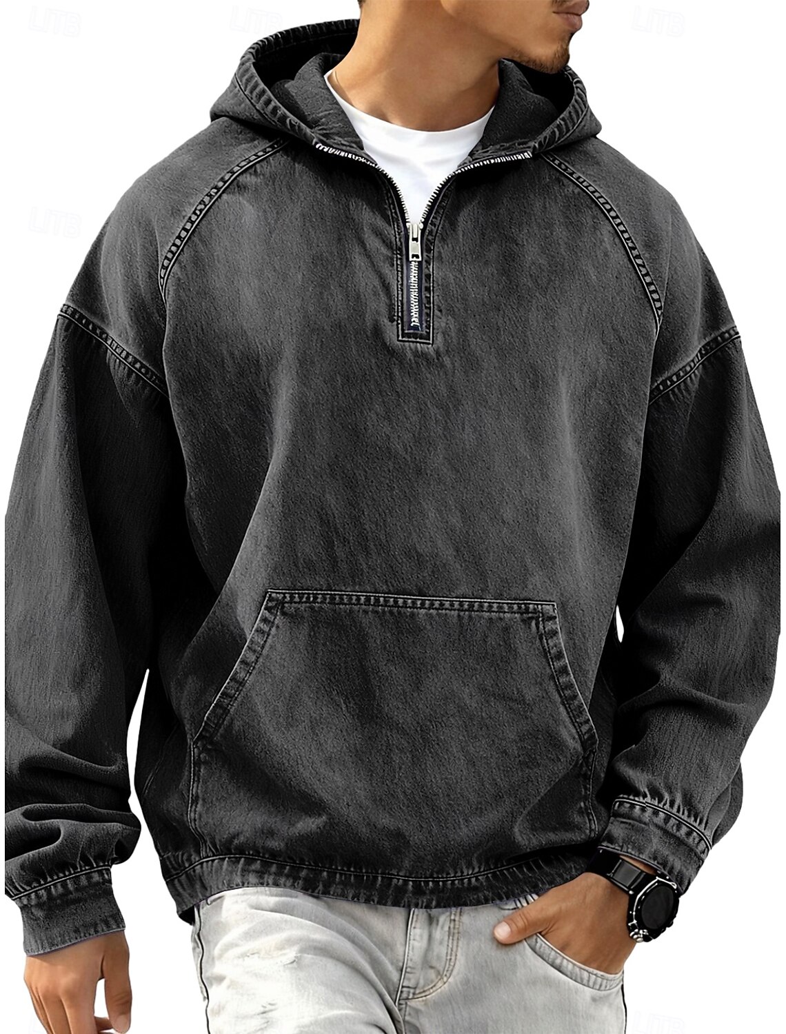 Men's Denim Shirt 100% Cotton Acid Wash Tee Top Long Sleeve Hooded