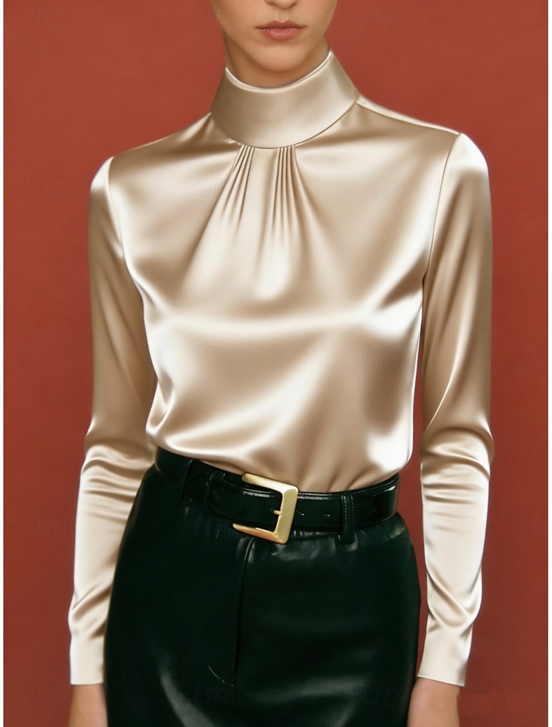 Women's Shirt Satin Shirt Blouse Long Sleeve Tops Ruched Solid Color Stylish Basic Classic Long Sleeve High Neck Regular Tops Daily Holiday Going out Black White Purple Khaki Summer Spring