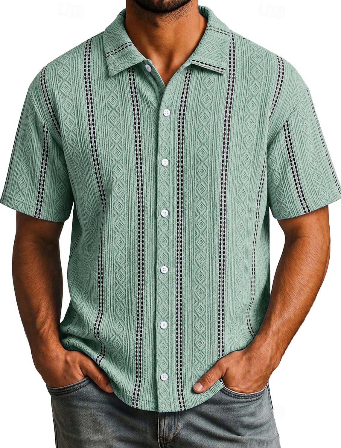 Men Shirt Texture Casual Shirt Button Up Shirt Jacquard Shirt Black White Light Green Purple Light Blue Short Sleeve Plain Shirt Collar Casual Daily Hollow Out Clothing Apparel Elegant Fashion Casual