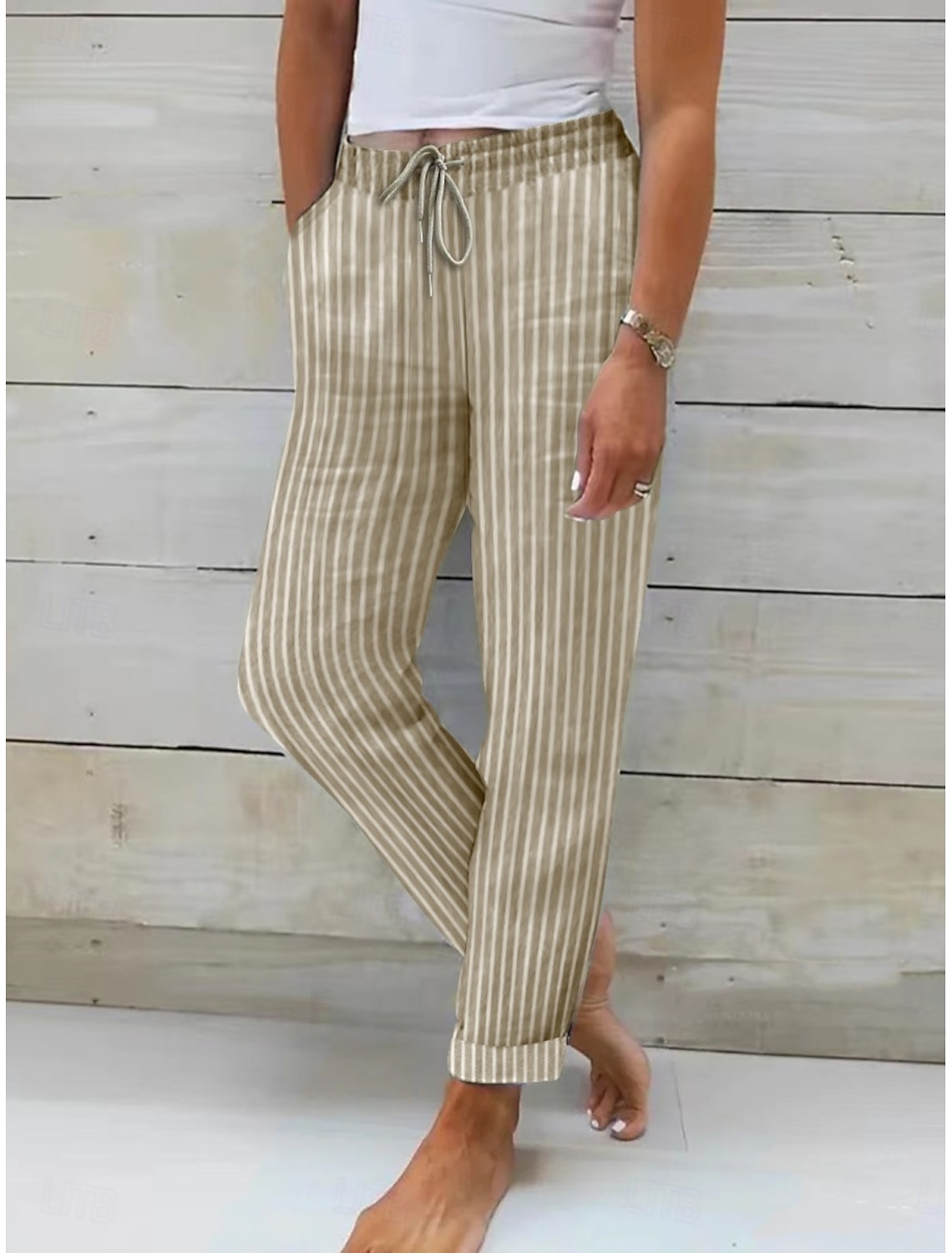 Women's Linen-feel Pants Summer Pants Pants Trousers Streetwear Casual Long High Waist Stripe Pocket Printing Elastic Drawstring Design Breathability Soft Micro-elastic Vacation Street Daily Wear