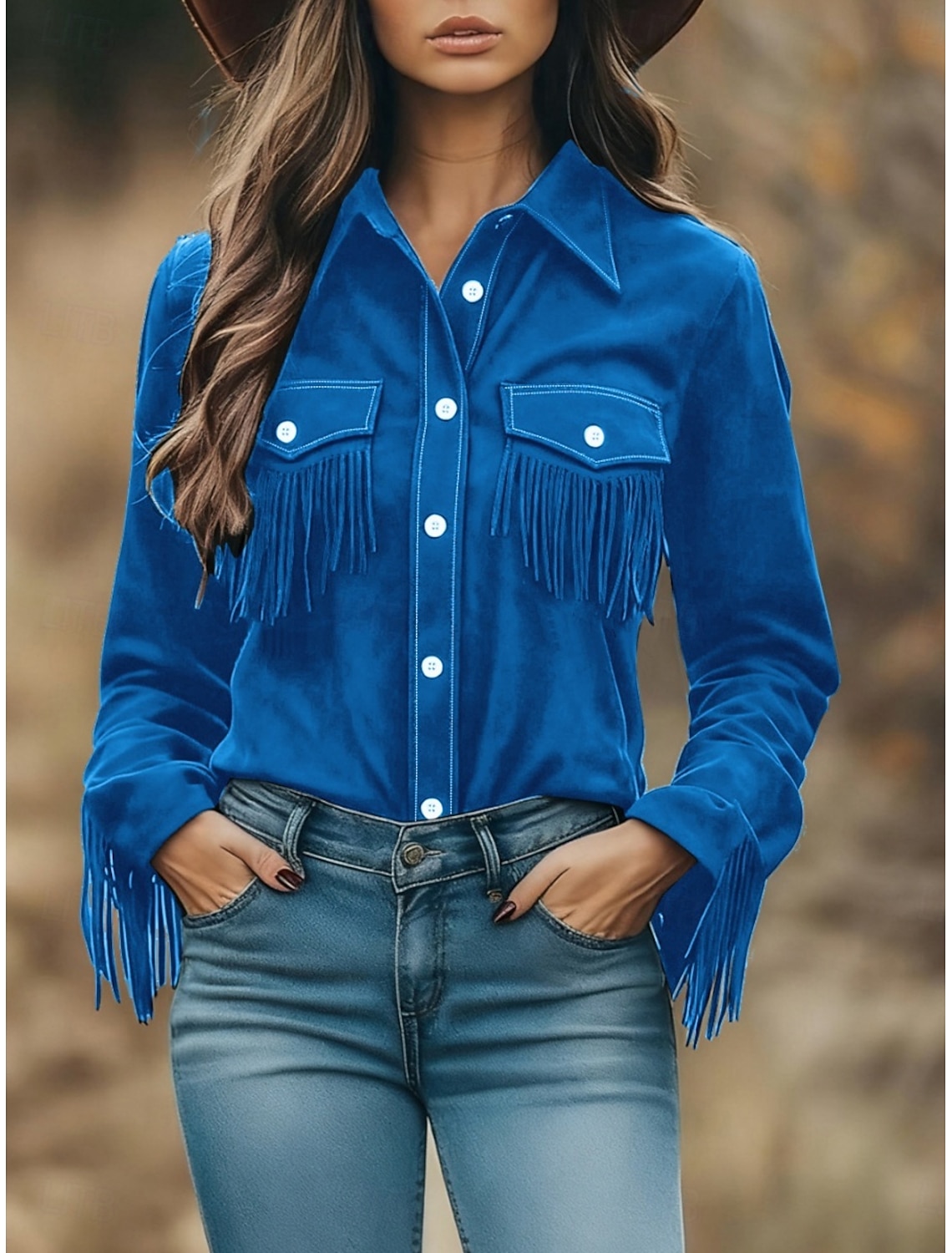 Women's Shirt Button Down Shirt Casual Shirt Blouse Buttons Fringe Plain Stylish Western Casual Long Sleeve Shirt Collar Regular Tops Daily Holiday Going out Blue Black Red Spring Fall