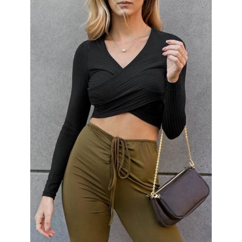 Ribbed Knit Surplice Slim Crop Tee VI4705