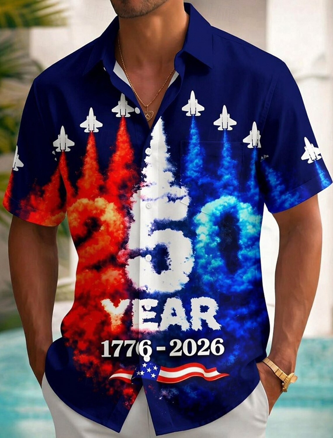 Men's 4th of July U.S. 250th Anniversary Jet Fighter US Flag Shirt Summer Shirt Button Up Shirt Short Sleeve Patriotic Outdoor Holiday Summer Spring Turndown 3D Print Collared Shirts Front One Pocket