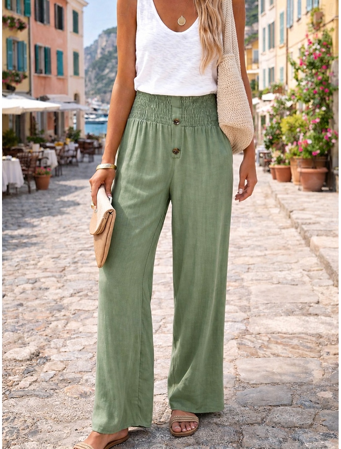 Women's Cotton Linen Pants Wide Leg Chinos Summer Pants Vacation Streetwear Basic Full Length Medium Waist Plain Pocket Elastic Waist Comfy Comfort Micro-elastic Outdoor Vacation Street claret Grey