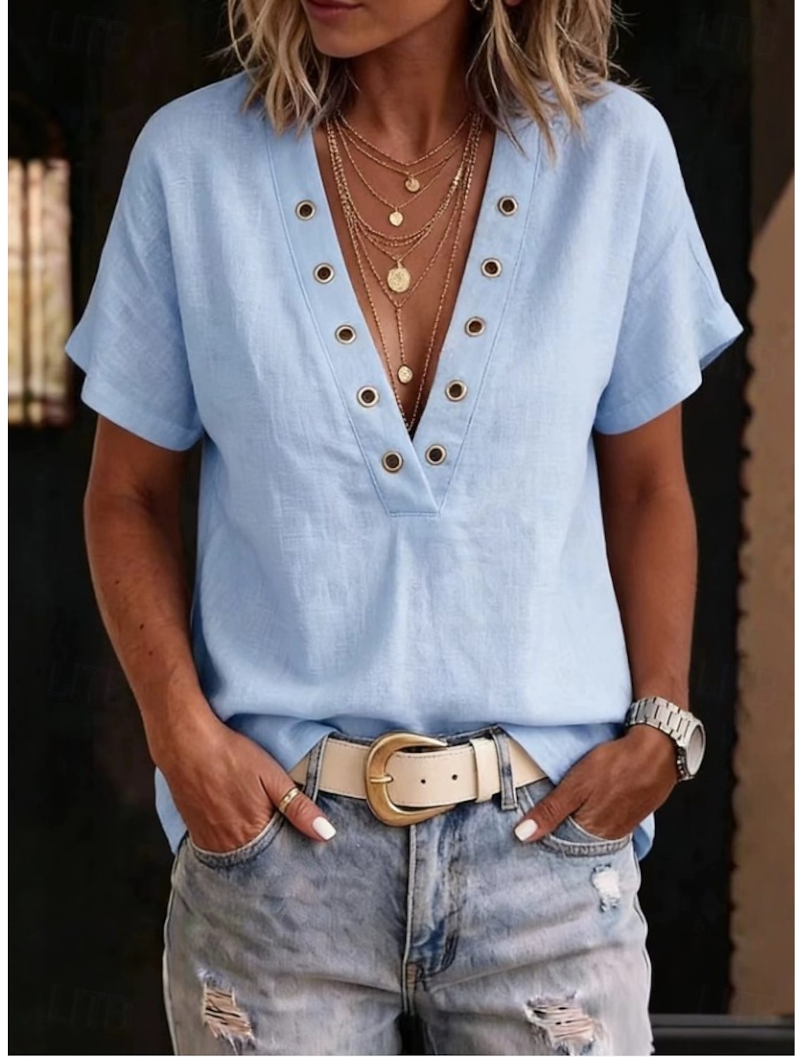 Women's Shirt Boho Shirt Solid Color Plain Elegant Vacation Daily Short Sleeve V Neck Crop Tops Casual Blue Khaki White Yellow Pink Summer Spring