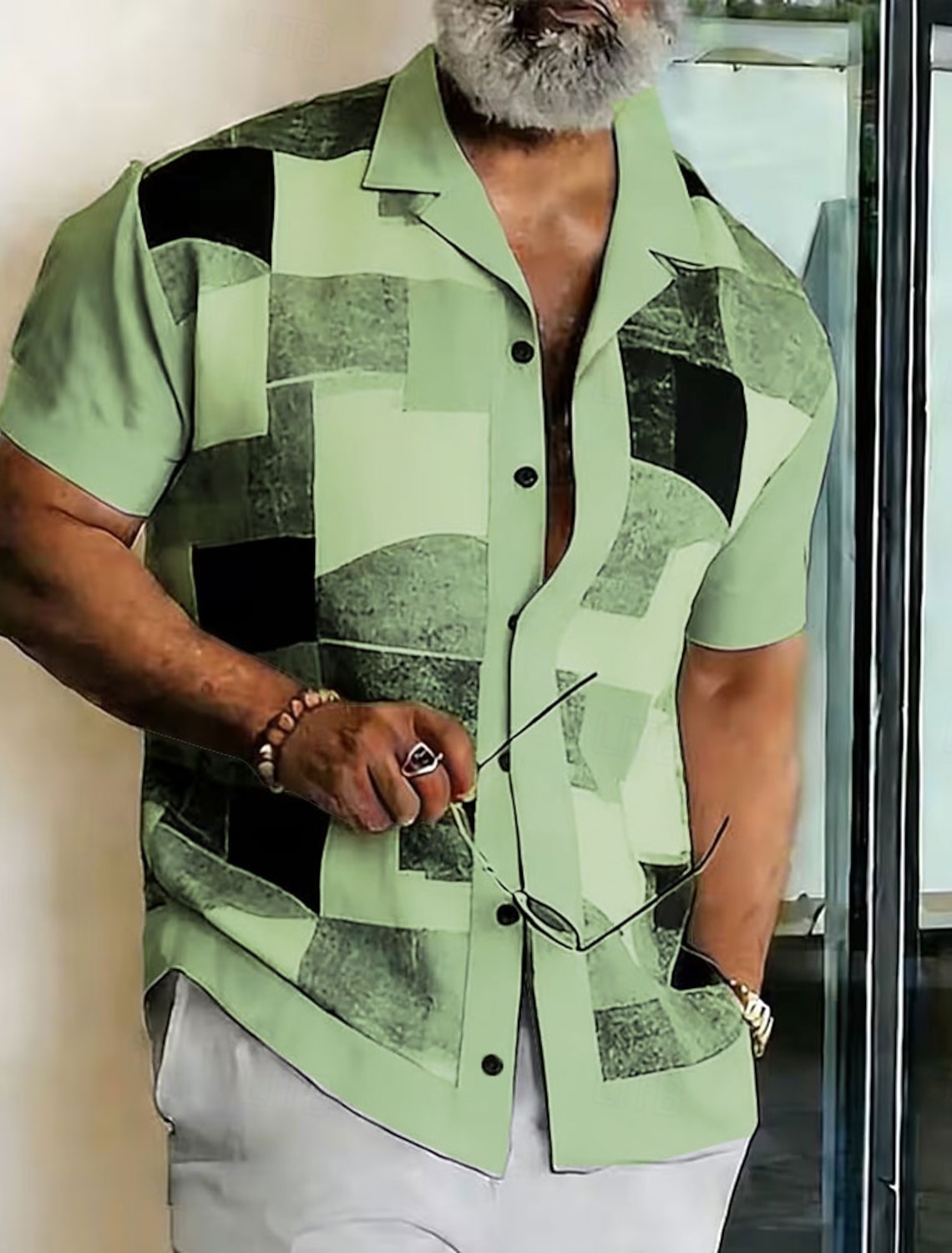 Men's Geometric Color Block Shirt Button Up Camp Collar Short Sleeve