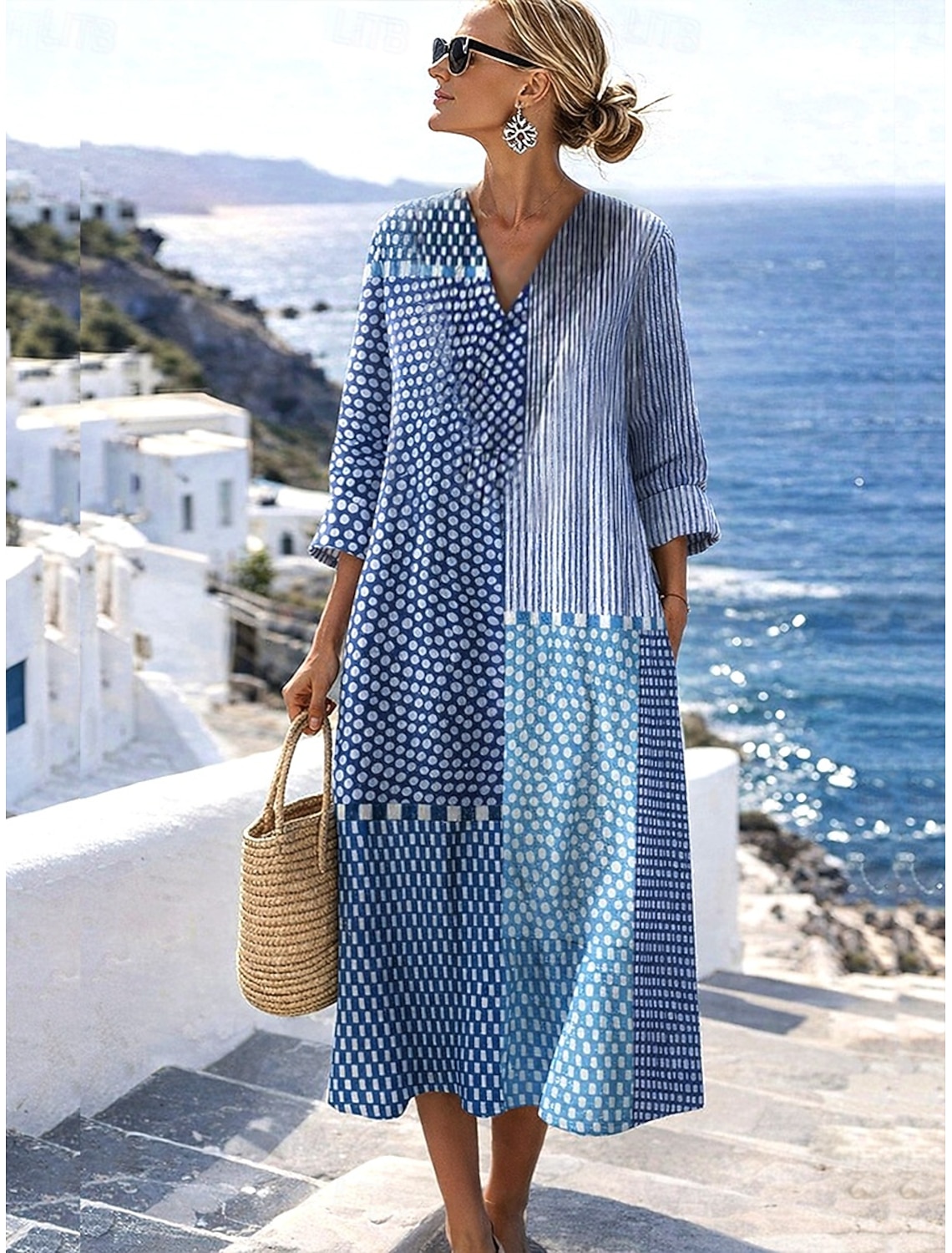 Women's Midi Dress V Neck Long Sleeve Kaftan Lightweight Loose Fit A Line Dress Casual Boho Going out Graphic Geometric Stripe Long Sleeve V Neck Orange red Black Yellow Pink