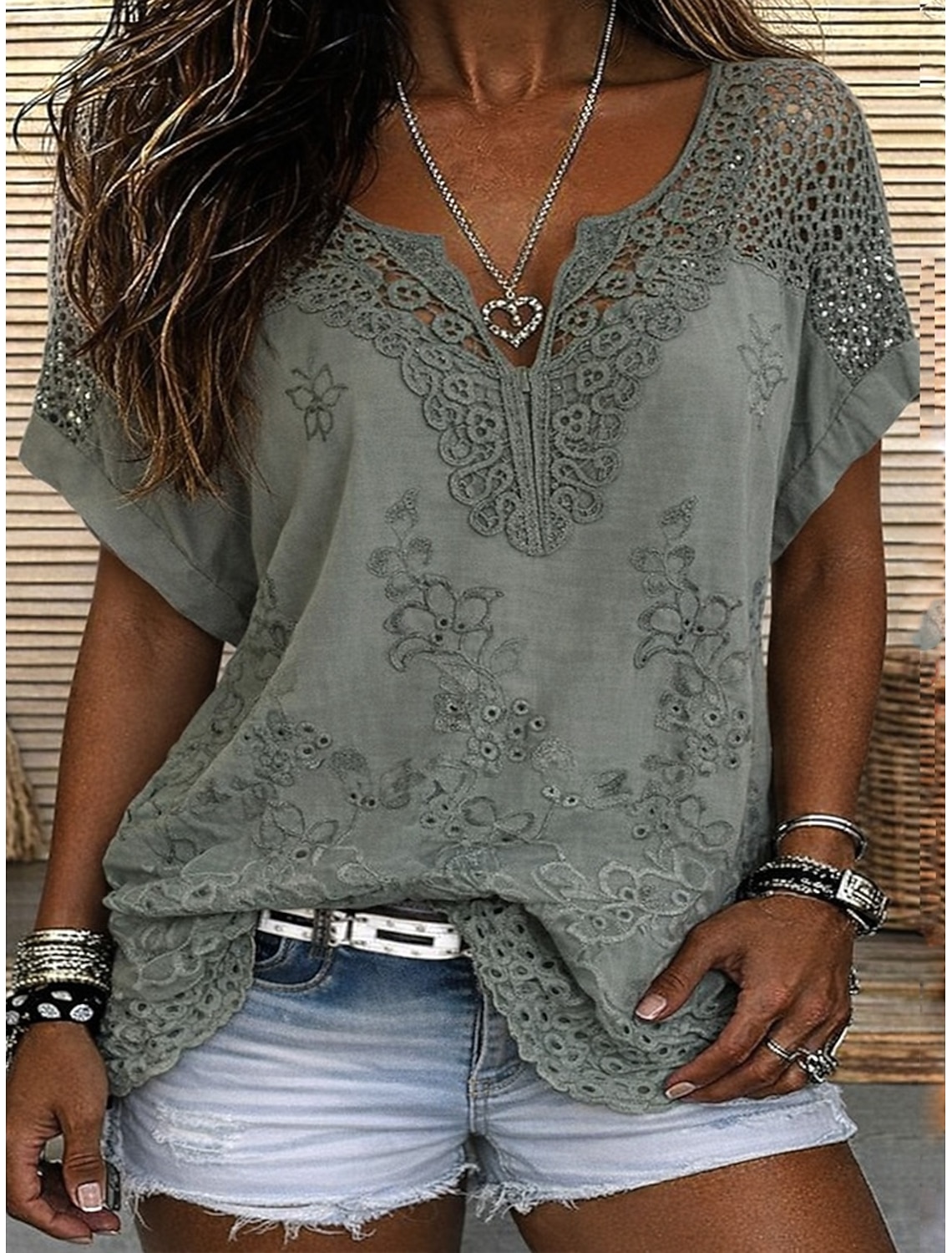Women's Blouse Lace Solid Color Stylish Casual Short Sleeve V Neck Regular Tops Daily Blue Black White Orange Grey Summer Spring Fall
