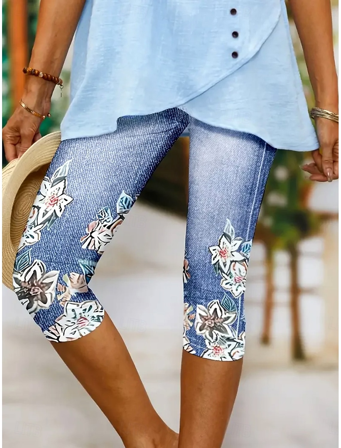Women's Leggings Capri Pants High Elasticity Vacation Fashion Hawaiian Calf-Length Mid Waist Floral Graphic Printing Breathable Soft Vacation Casual Daily Light Blue Summer Spring Regular Fit