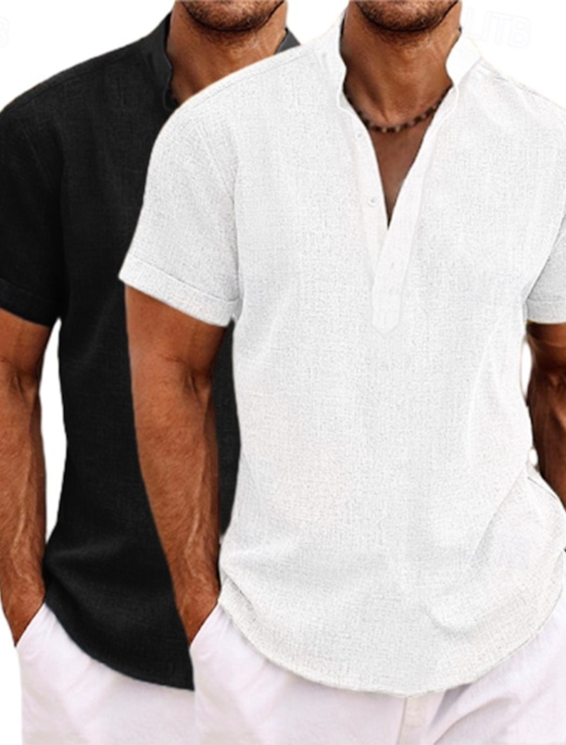 Men's Shirt Linen Shirt Popover Shirt Summer Shirt Beach Wear Band Collar Shirt Plain Vacation Casual Green+Gray White+Yellow White+Green White+Navy Blue Short Sleeve Henley Summer Clothing Apparel