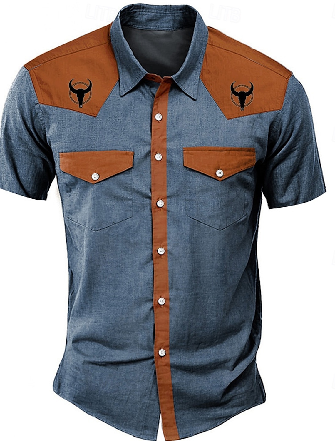 Men's Solid Color Block Western Shirt Short Sleeve Sports Outdoor