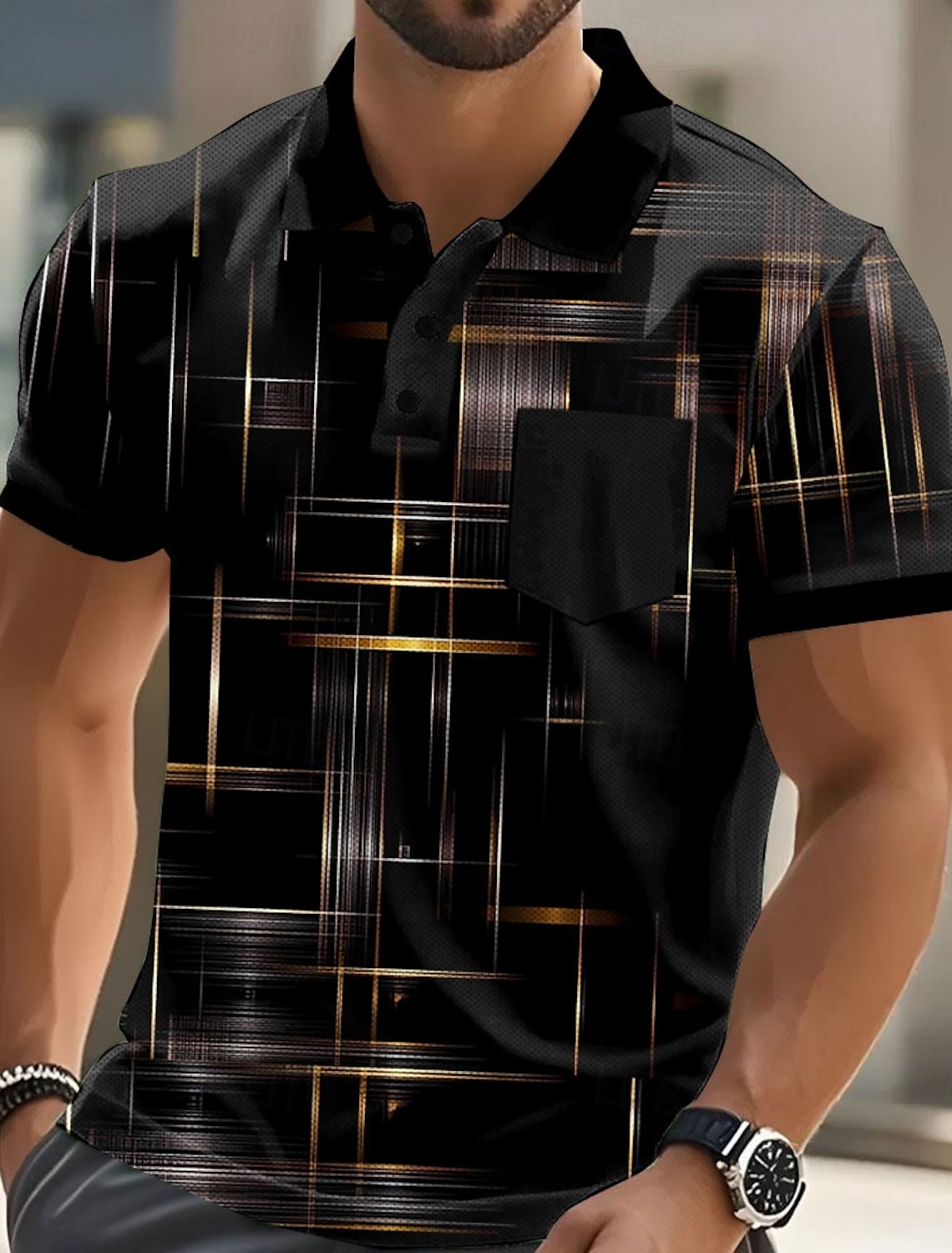 Men's Geometic Line Polo Short Sleeve Shirts Collared Business Casu #1