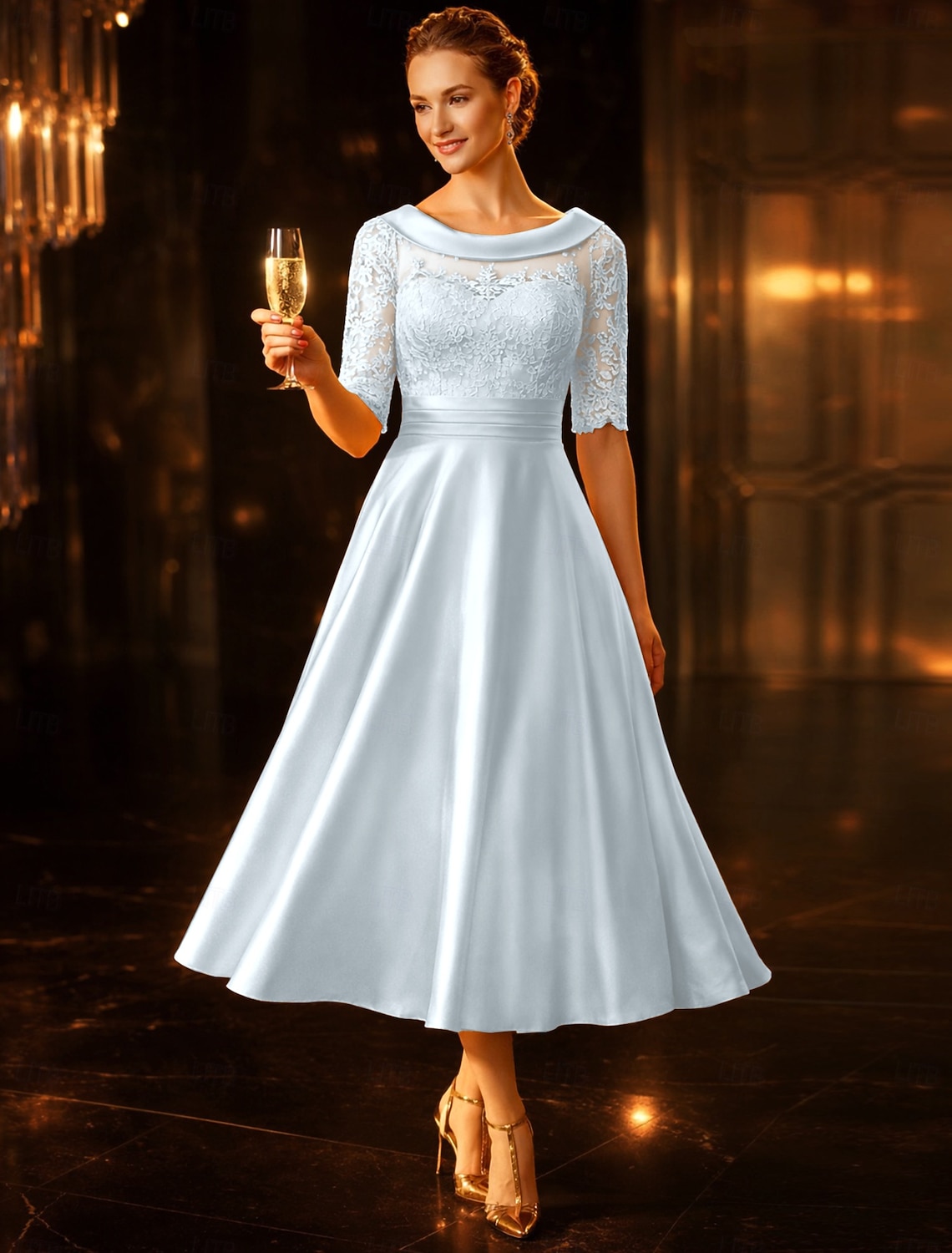 A-Line Tea Length Party Dress Cocktail Dress Wedding Guest Dress Mother of the Bride Dress Half Sleeve Scoop Neck Elegant Vintage Wedding Guest Satin Lace with Ruched Appliques