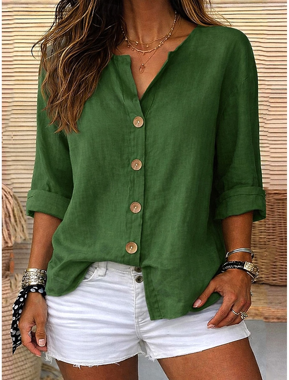 Women's Linen Shirts Blouse Buttons Solid Color Daily Casual 3/4 Length Sleeve V Neck Regular Tops Daily Black White Red Orange Green Summer Spring Fall