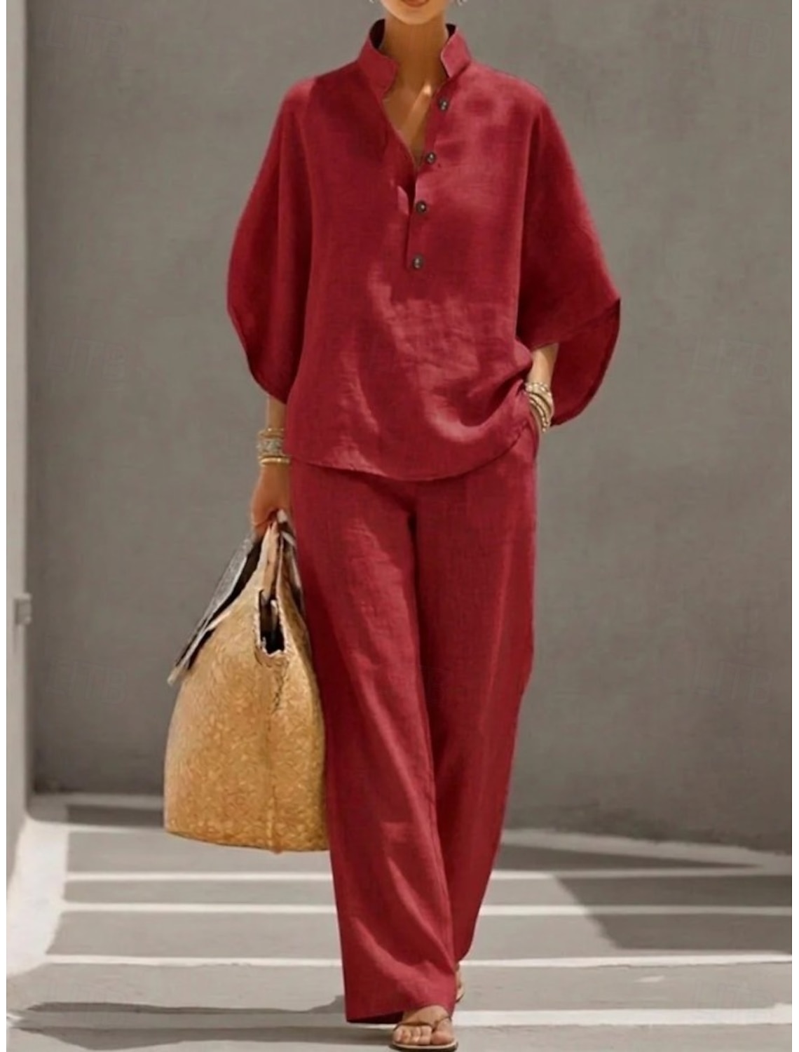 Women's Cotton Linen Sets 3/4 Length Sleeve Stand Collar Solid Color Daily Distressed Casual Daily Black Yellow Wine Summer Loose Fit
