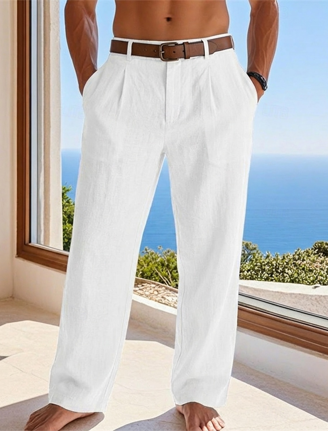 Men's Cotton Linen Pants Trousers Summer Pants Baggy Pants Beach Pants Pocket Solid Color Comfort Breathable Full Length Casual Daily Outdoor Vacation Fashion Blue Black Inelastic