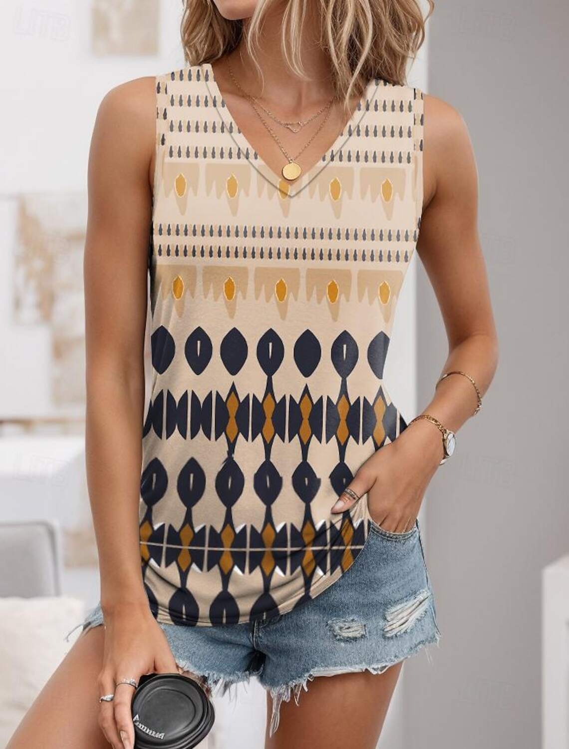 Women's Tank Top Vest Vintage Ethnic Boho Geometric Print Sleeveless Regular Tops V Neck Vacation Summer