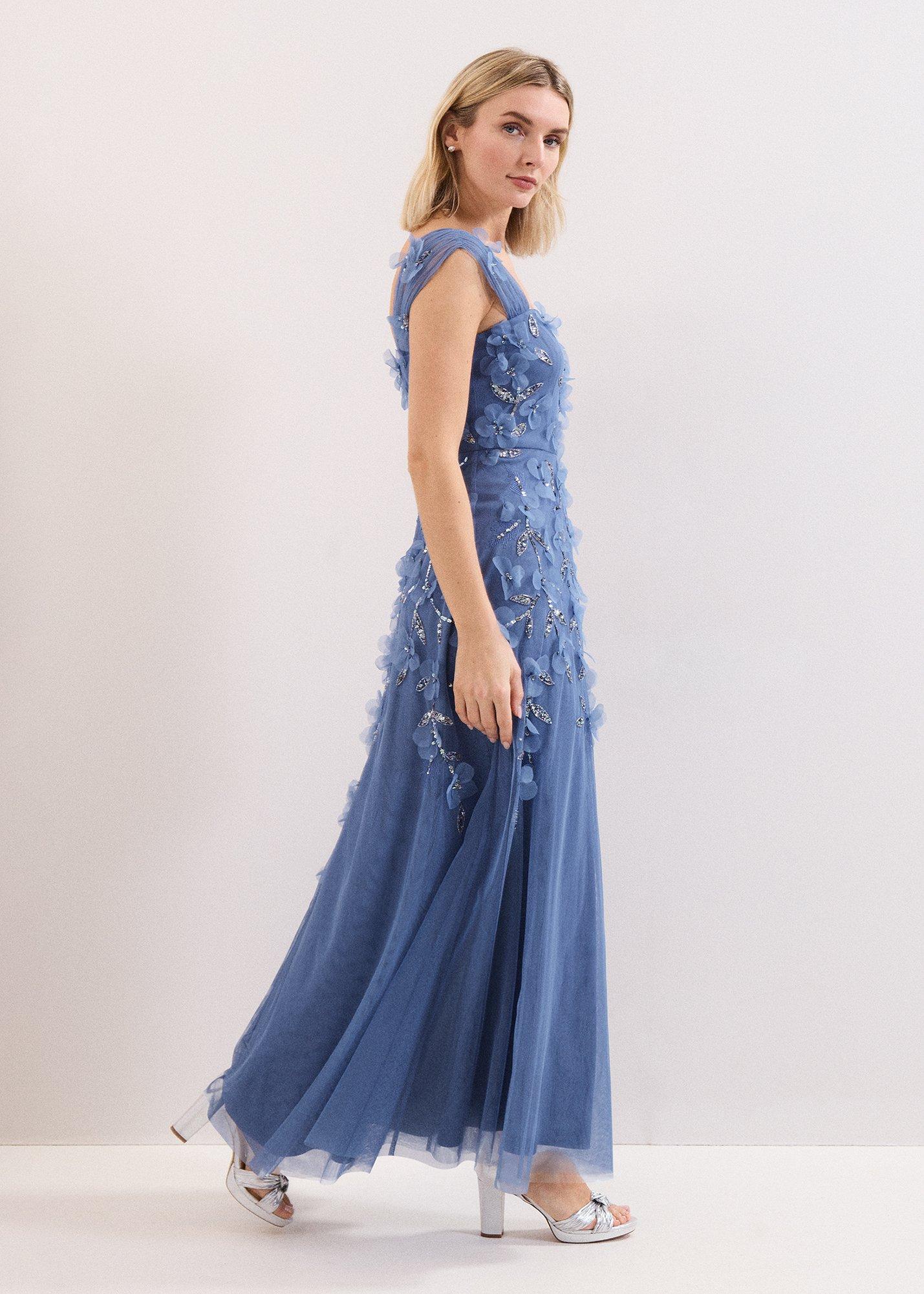 Petite Azera Blue Beaded Midi Dress