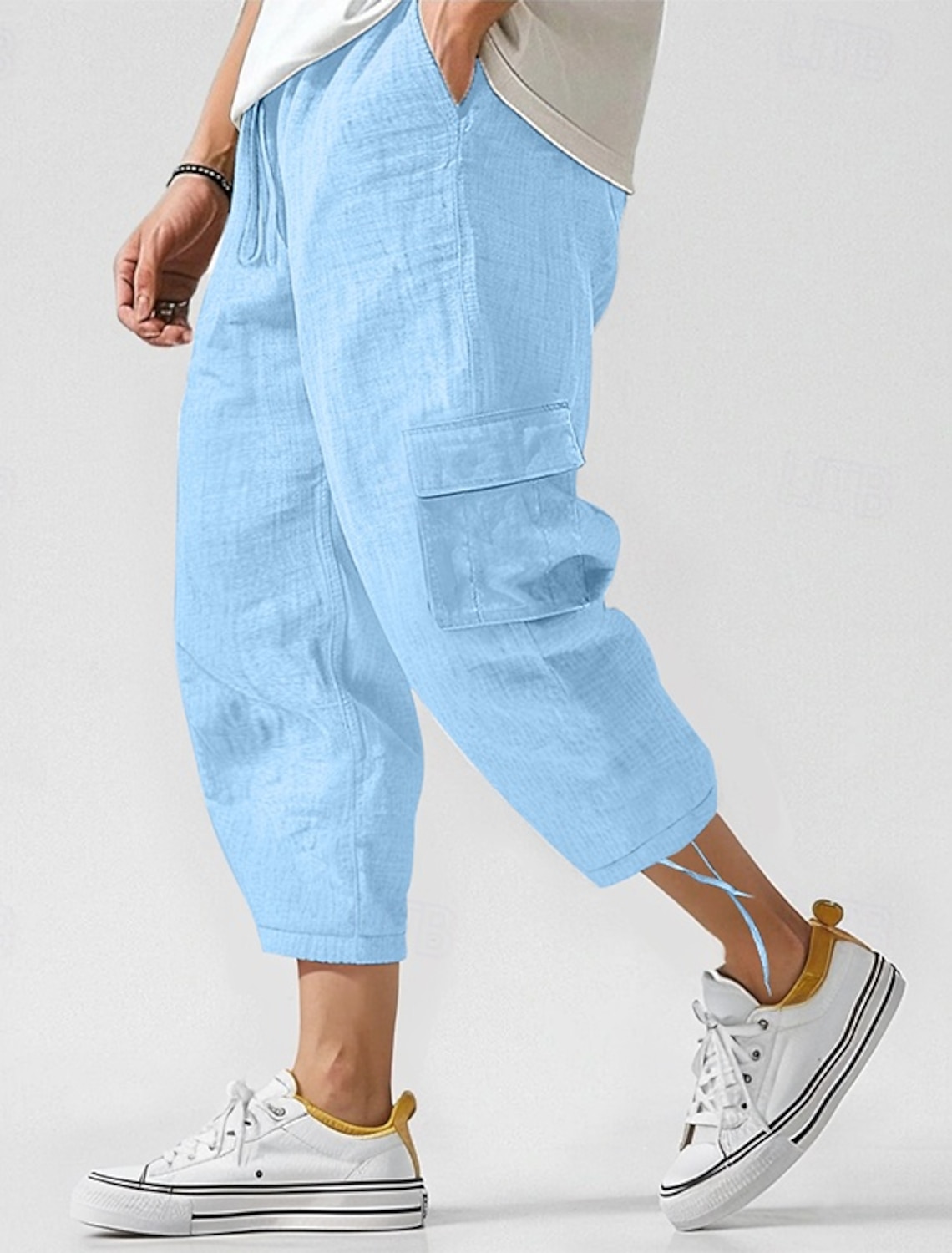 Men's Cargo Pants Linen Trousers Summer Beach Drawstring Elastic Waist