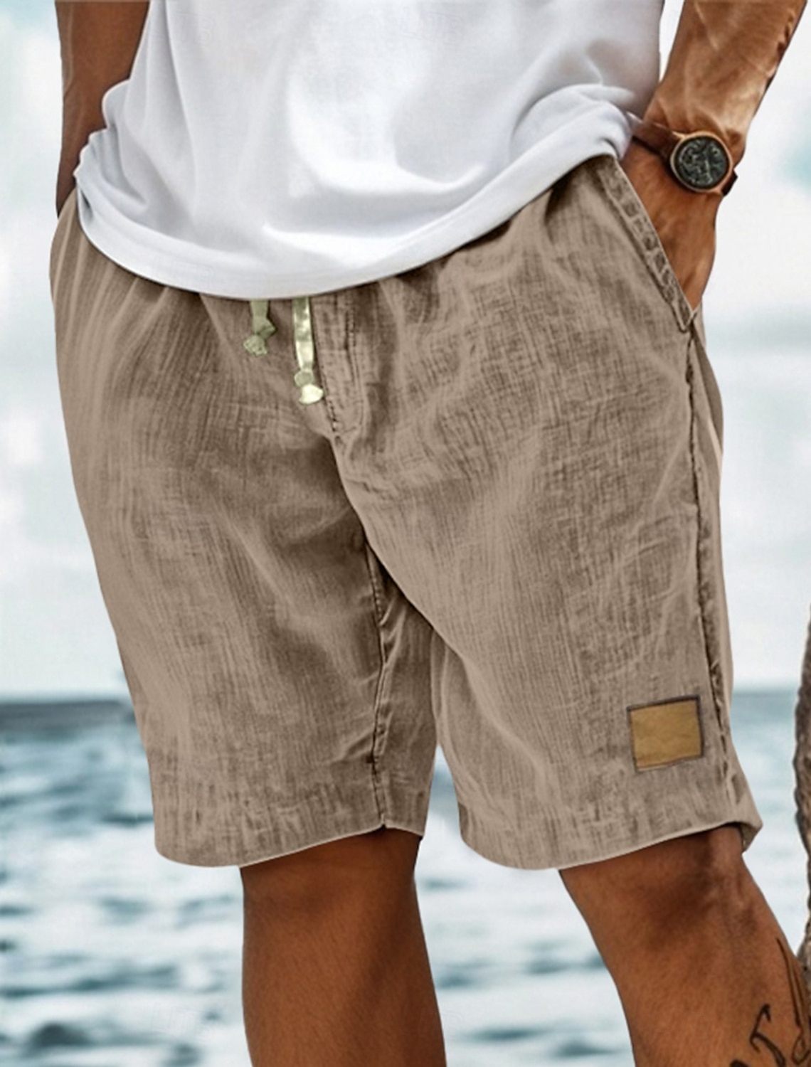 Men's Shorts Summer Beach Pocket Elastic Waist Drawstring Plain #2