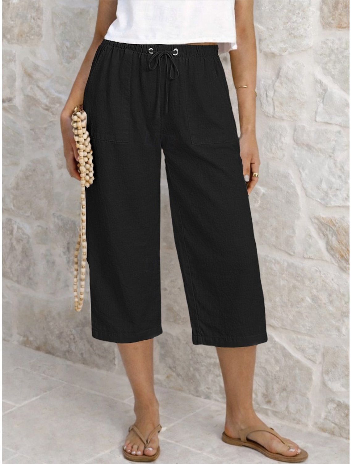 Women's Capri Pants Summer Shorts Cropped Pants Linen Capri Pants Fashion Basic Calf-Length Medium Waist Plain Drawstring Pocket Elastic Waist Lightweight Breathable Inelastic Vacation Street Daily