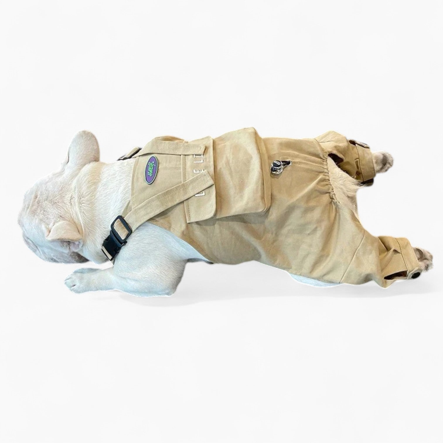 BarkBuilt French Bulldog Overalls – Khaki Utility Dog Jumpsuit with Pocket