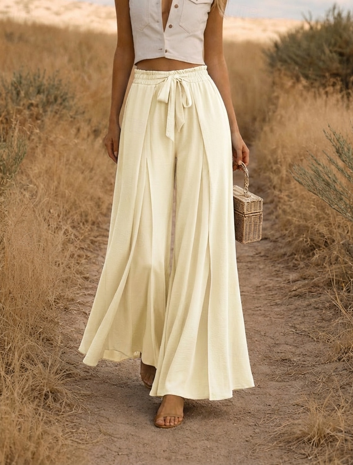 Women's Linen-feel Pants Wide Leg Trousers Casual Pants Vacation Fashion Streetwear Full Length High Waist Plain Drawstring Elastic Waist Comfort Comfortable Inelastic Daily Vacation Street Camel