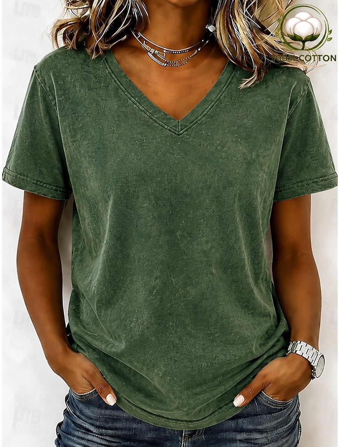 Women's 100% Cotton T-Shirts - Quality Vintage Short Sleeve V Neck Tee