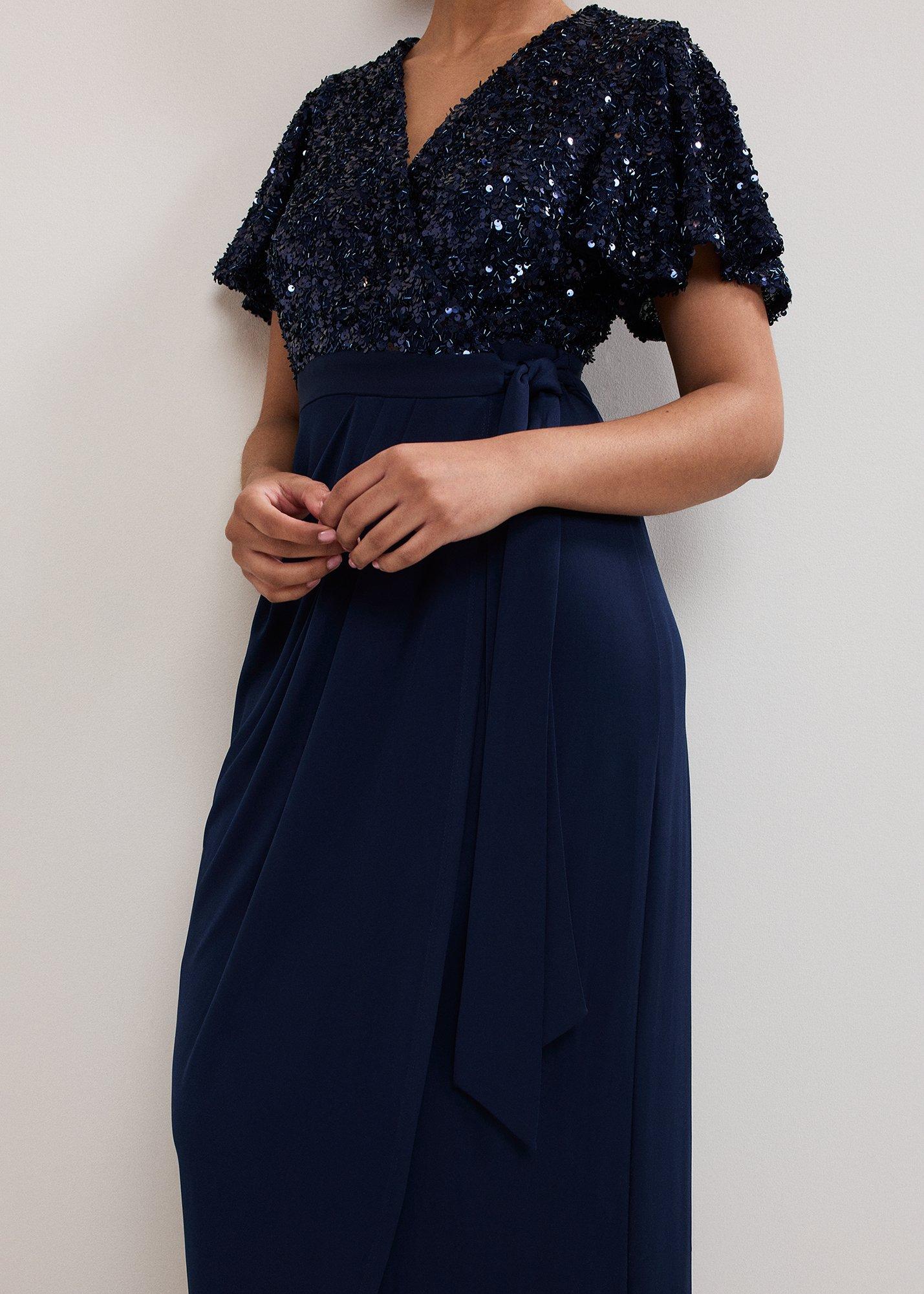Petite Janessa Navy Sequin Wrap Maxi Dress