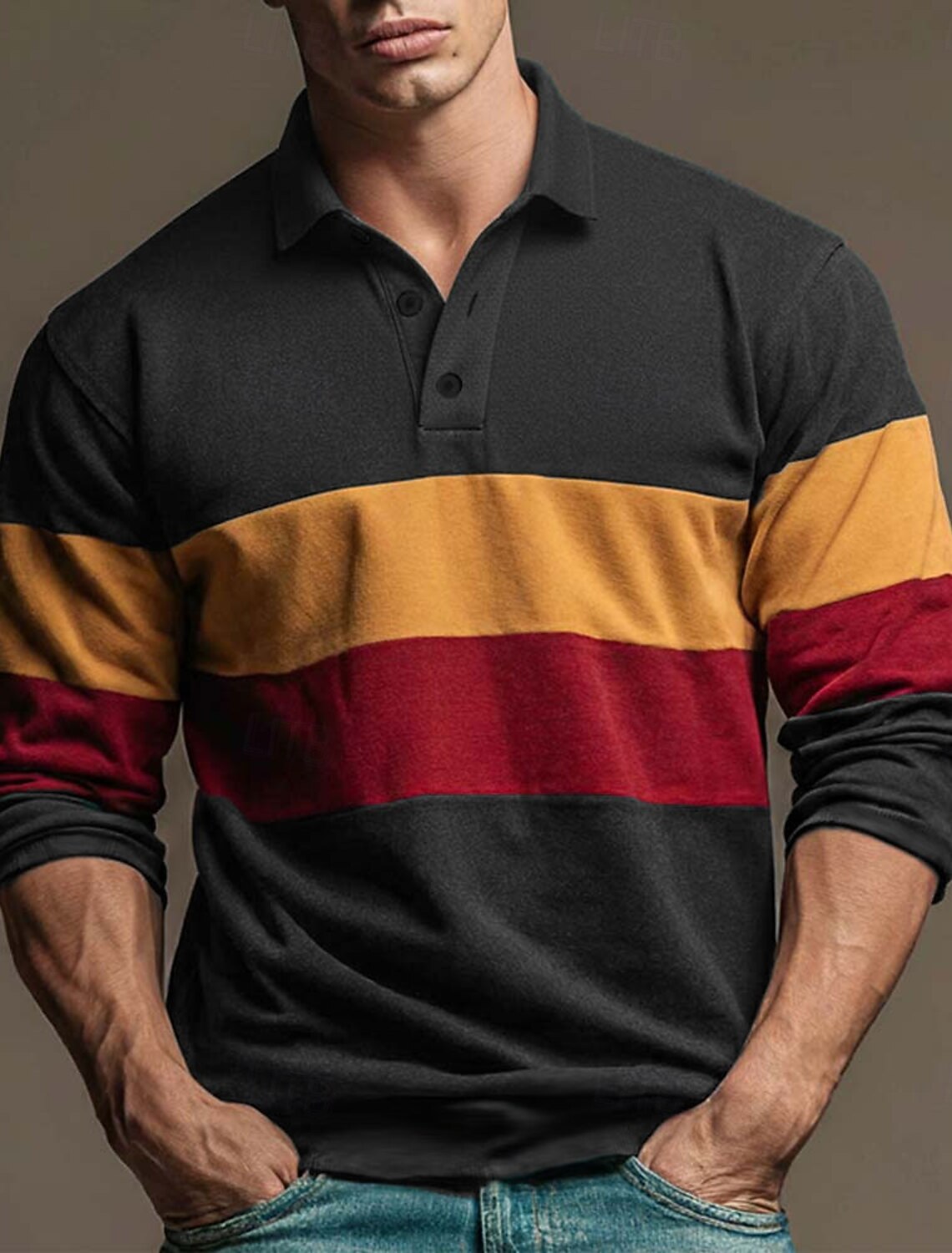 Men's Color Block Stripes Rugby Polo Long Sleeve Shirts Collared