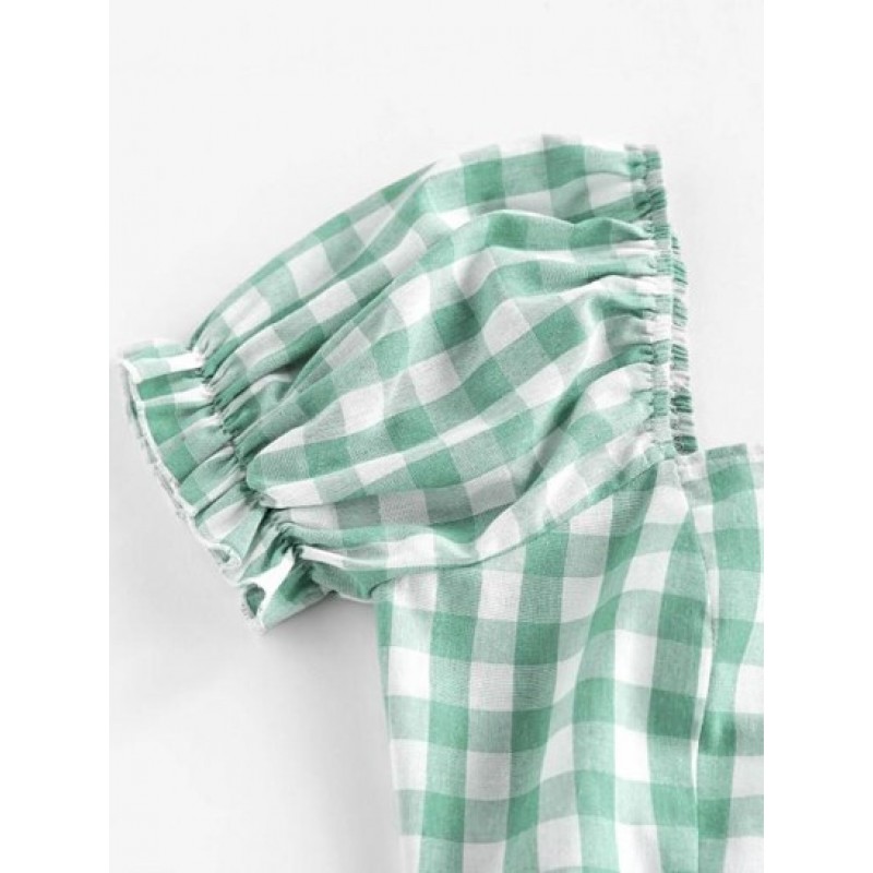 Gingham Puff Sleeve Backless Lace Up Blouse QI9371