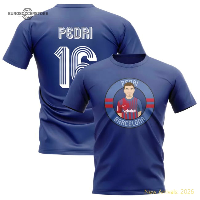 Pedri Barcelona Illustration T-Shirt (Blue) Fan Edition