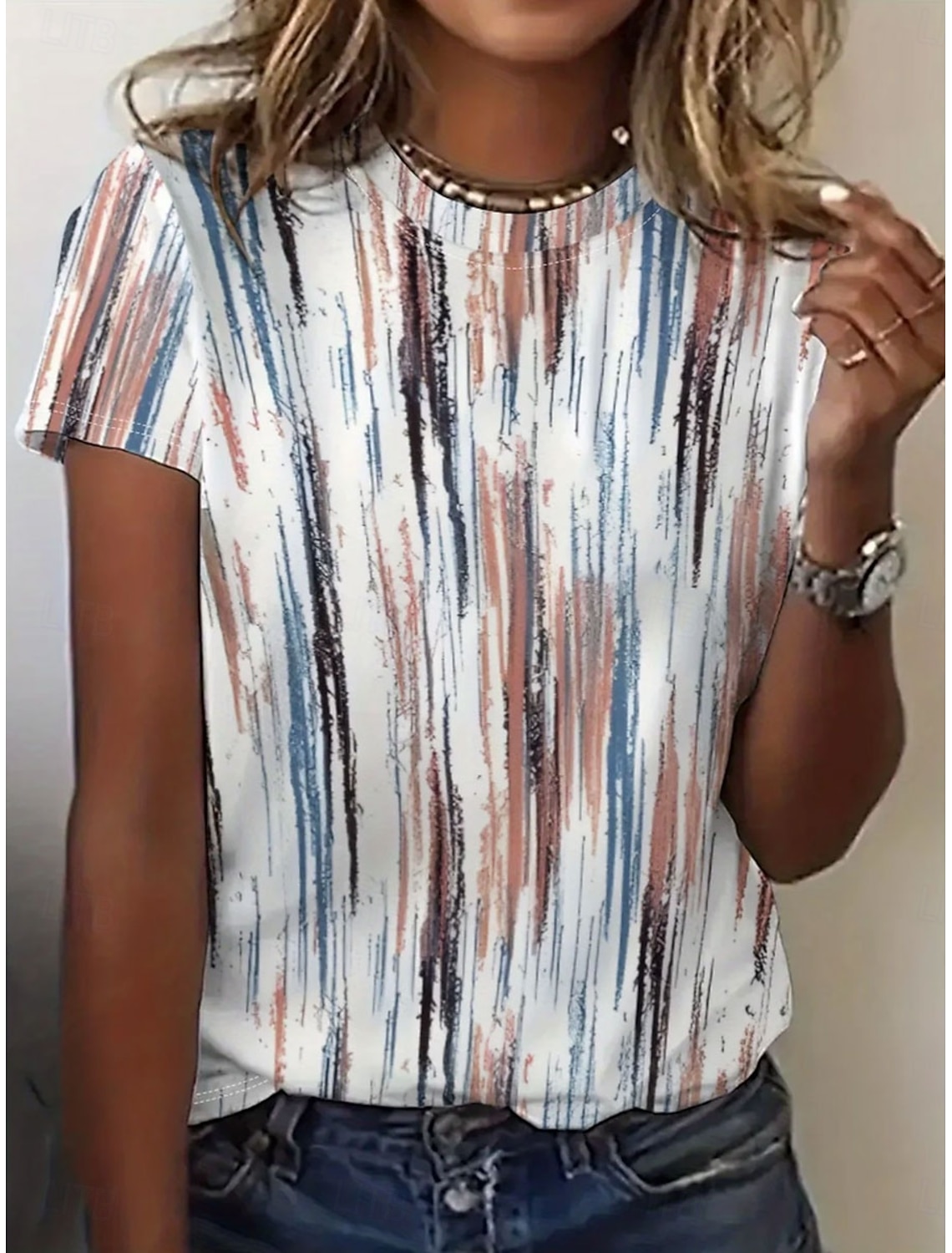 Women's T Shirt Print Graphic Striped Bohemia Hawaiian Stylish Short Sleeve Crew Neck Regular Tops Daily Blue Pink Orange Green Summer Spring