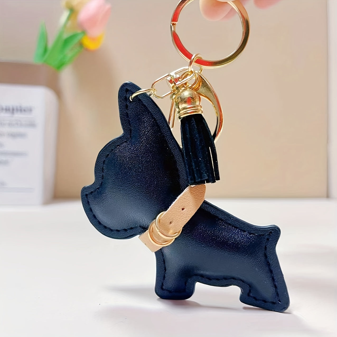 Pet-Lover French Bulldog Shape Faux Leather Pendant Keychain for Dog