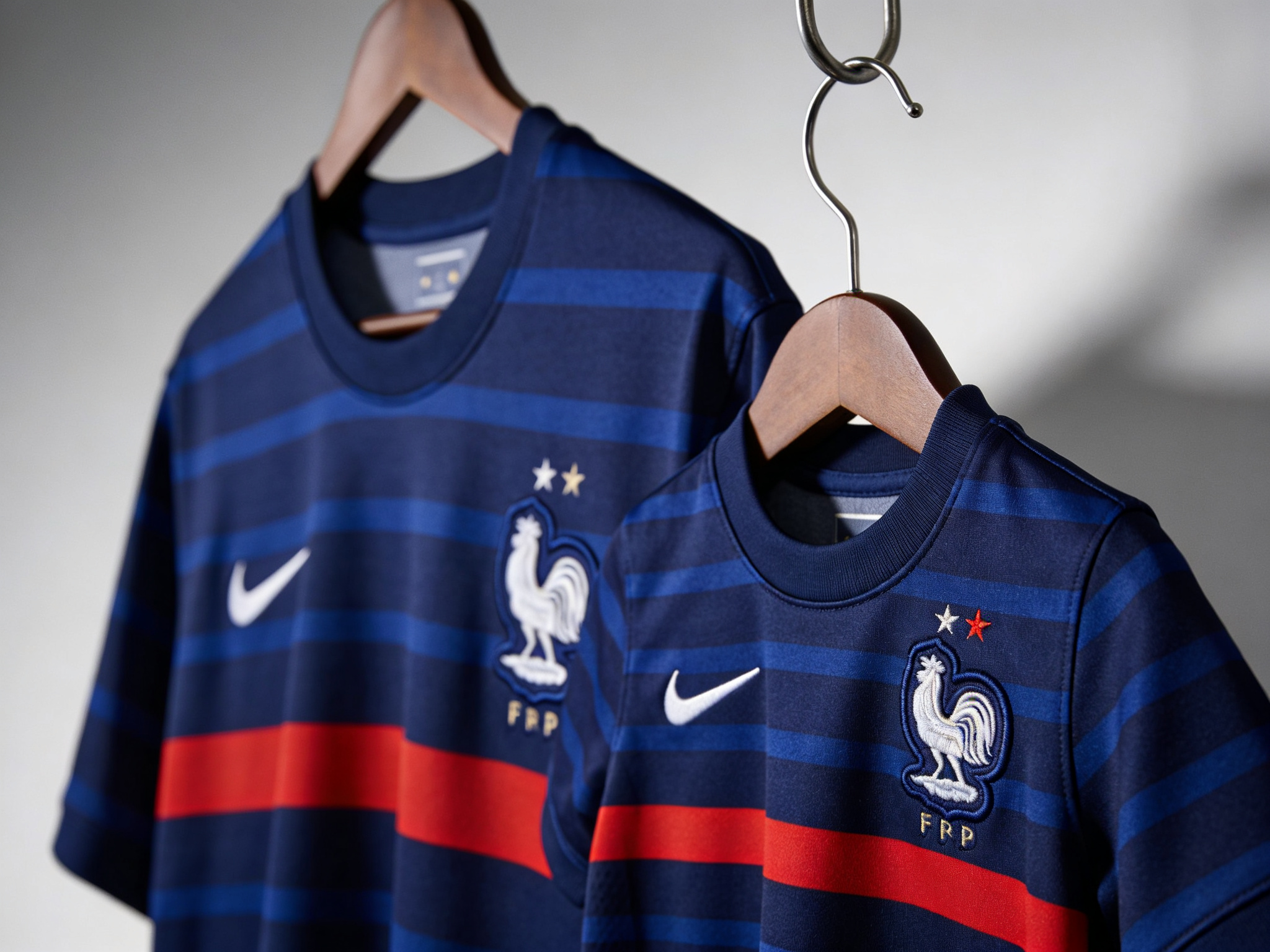 A stylish, close-up detail shot of the France jersey fabric and crest design on both an adult and children&lsquo;s hanger.