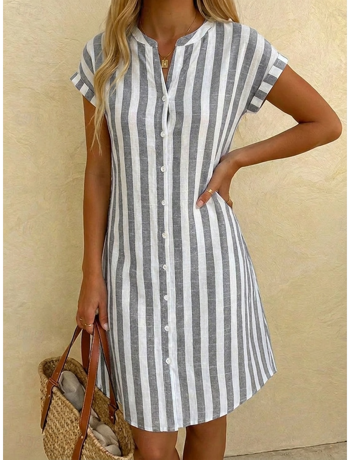 Women's Knee Length Dress Shirt Dress Casual Dress Striped Dress Elegant Fashion Daily Vacation Regular Fit Striped Short Sleeve Mandarin Collar Red Navy Blue Gray Light Blue Summer Spring
