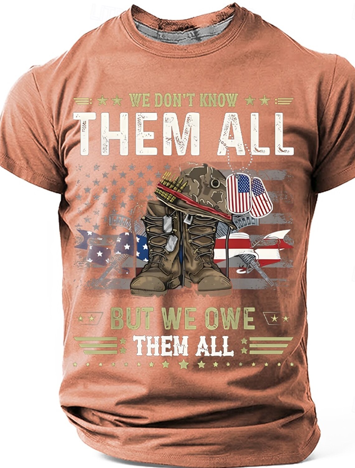 Memorial Day We Don't Know Them All But We Owe Them All Men's Combat Boots Dog Tags American Flag Patriotic Graphic T Shirt Distressed Vintage Short Sleeve Tee Designer Clothing Apparel S M L XL XXL X