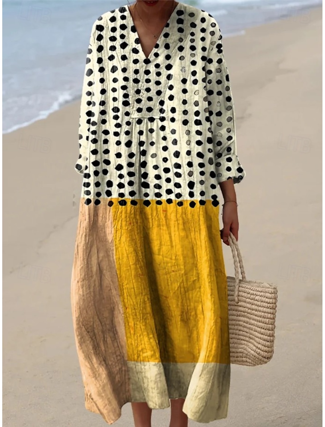 Women's Midi Dress V Neck Long Sleeve Kaftan Lightweight Loose Fit A Line Dress Casual Boho Party Going out Loose Fit Graphic Geometric Stripe Long Sleeve V Neck Black Yellow Blue Orange