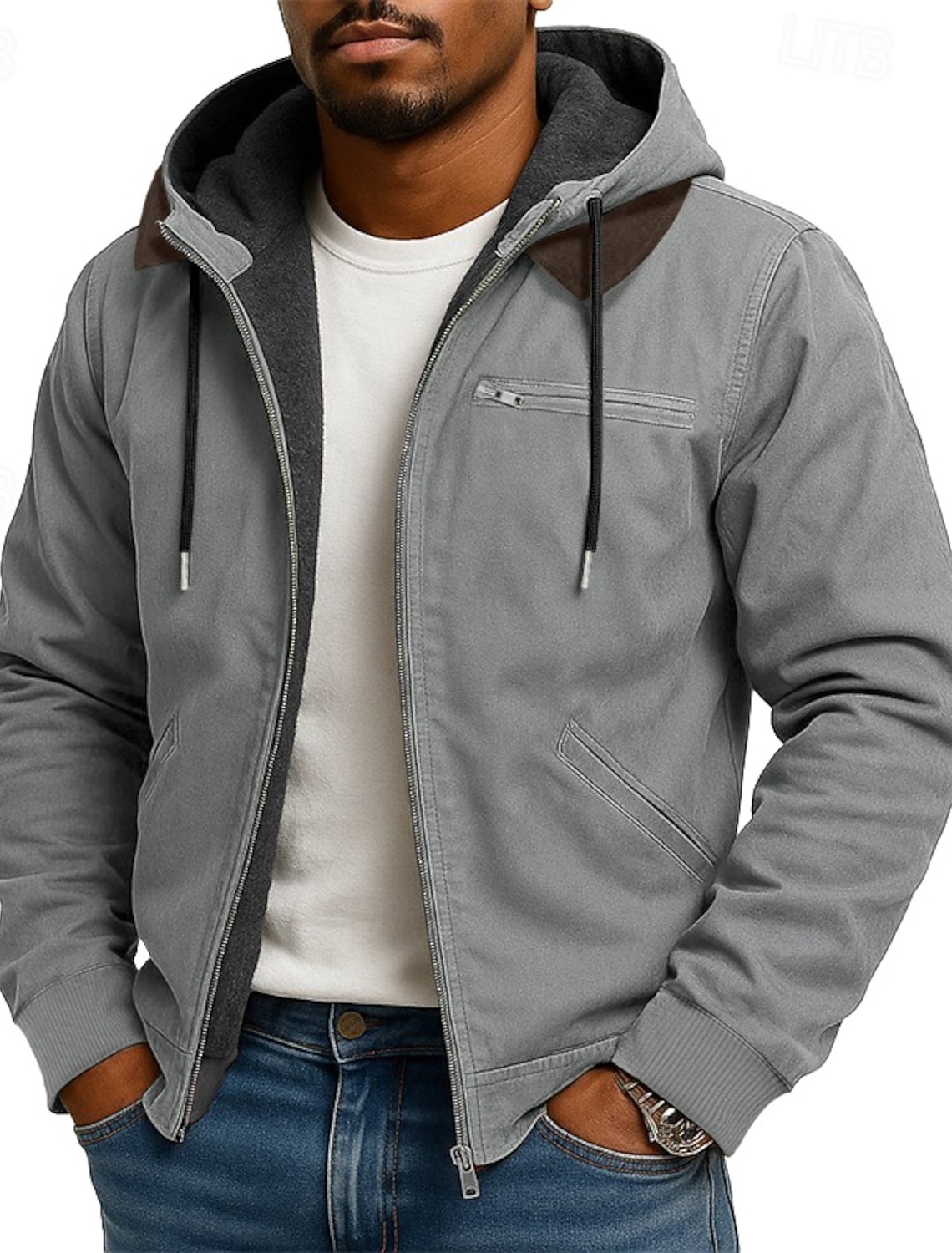 Men's Hoodie Full Zip Fleece lined Blue Brown Green Gray Hooded Plain