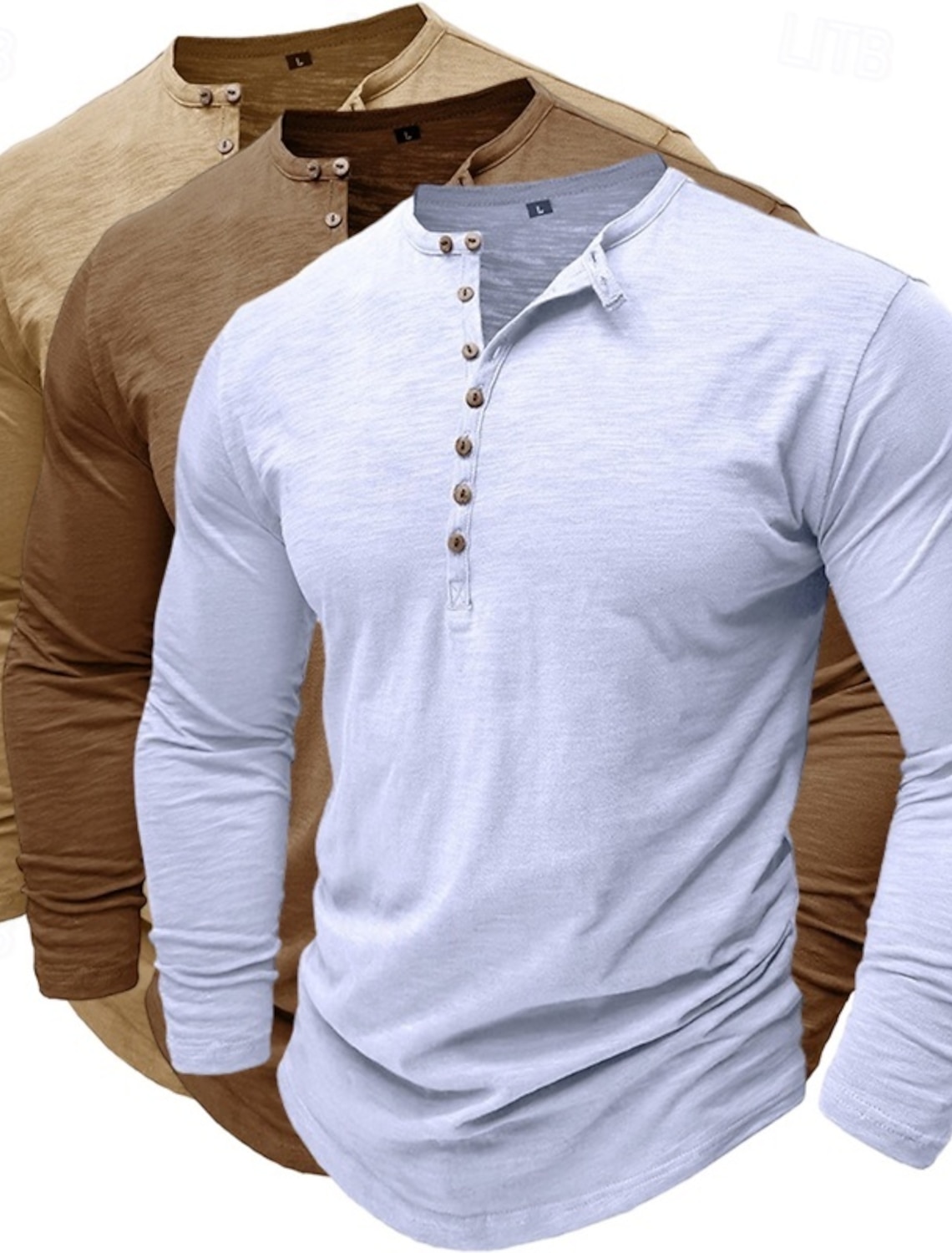 3pcs Men's Henley Shirt Tee Top Long Sleeve Solid Color Fashion Daily