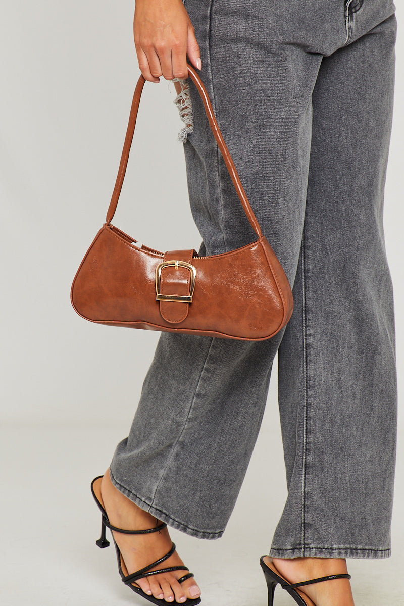 Light Brown Faux Leather Buckle Detail Shoulder Bag