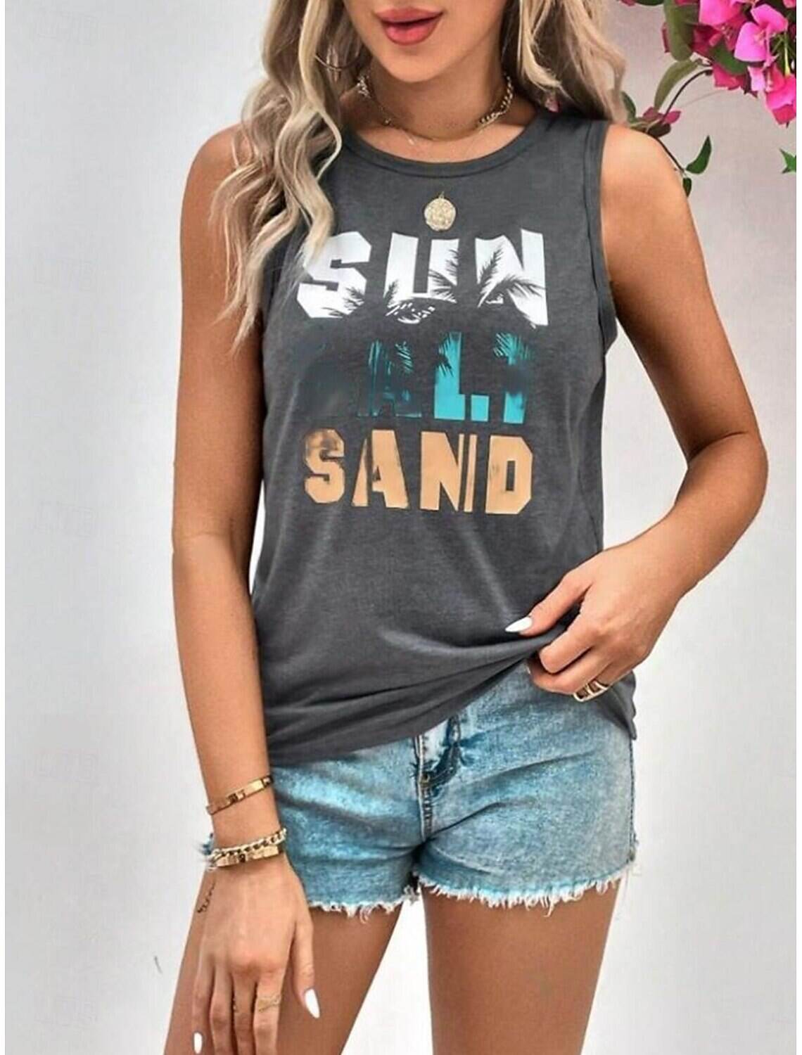 Women's Tank Top Vest Vacation Tropical Fashion Letter Print Sleeveless Regular Tops Crew Neck Casual Summer
