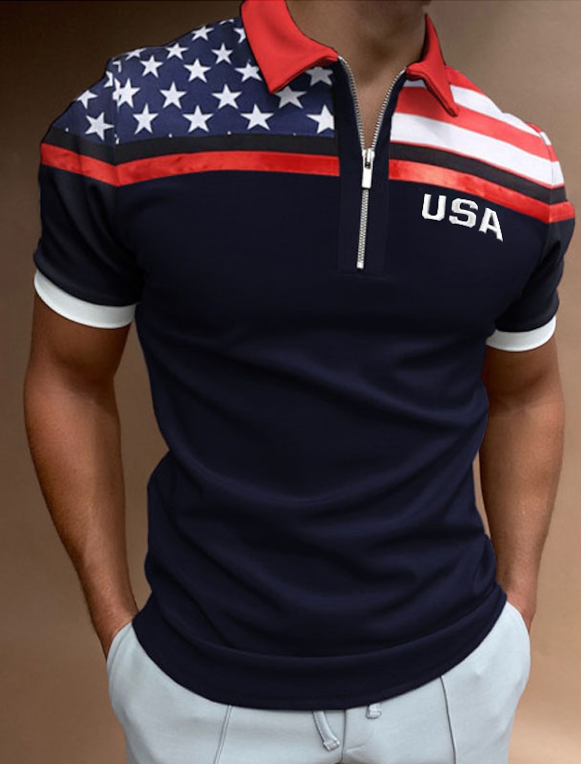 Men's Golf Shirt American Flag Polo Shirt Casual Daily Turndown Quarter Zip Short Sleeve Fashion Casual Flag Zipper Quarter Zip Spring & Summer Regular Fit Navy Blue Dark Green Gray Golf Shirt