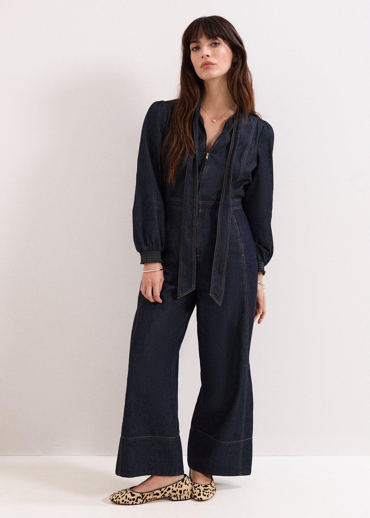 Petite Patricia Denim Pussybow Jumpsuit
