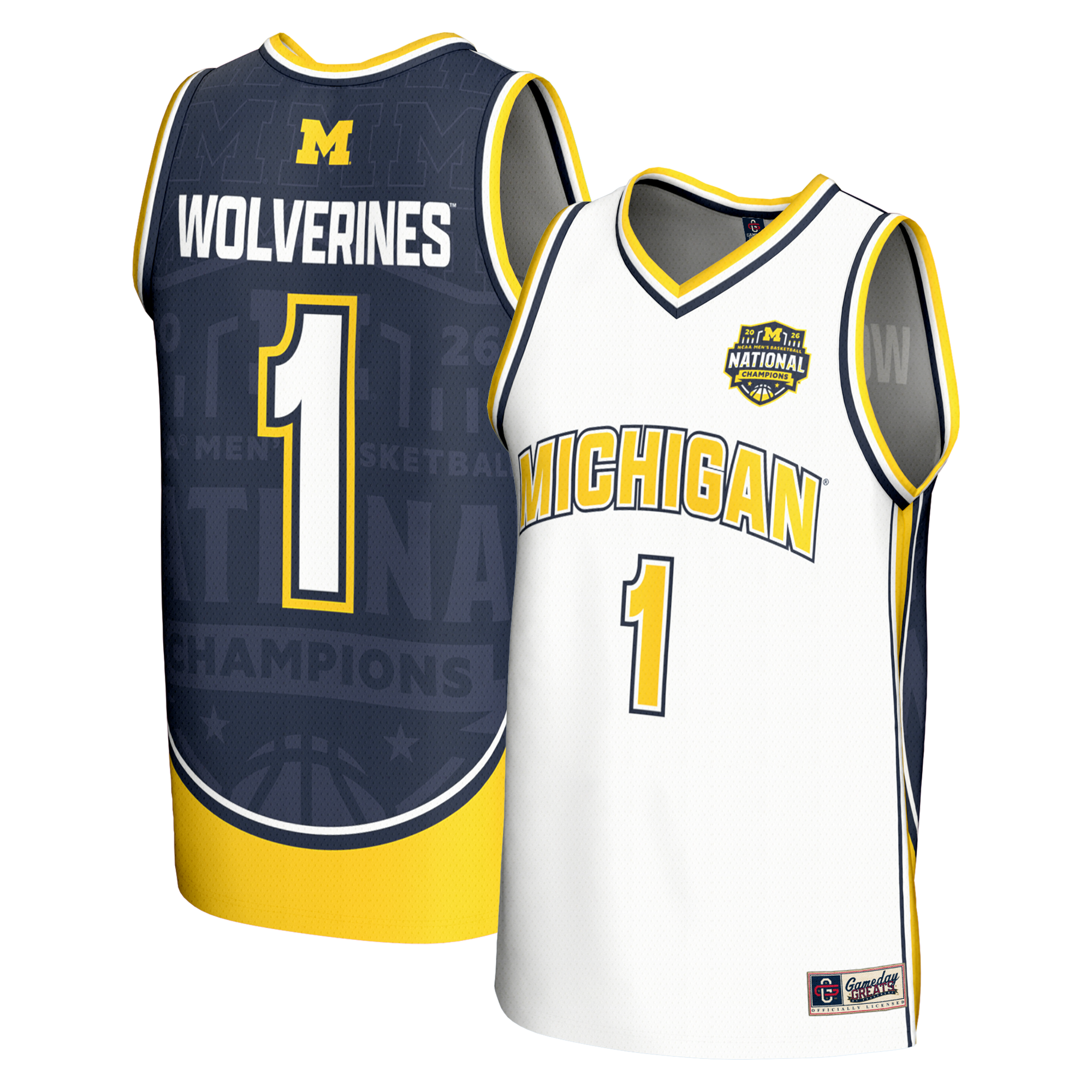 Michigan Wolverines GameDay Greats Unisex 2026 NCAA Men's Basketball National Champions #1 Commemorative Fashion Jersey - White