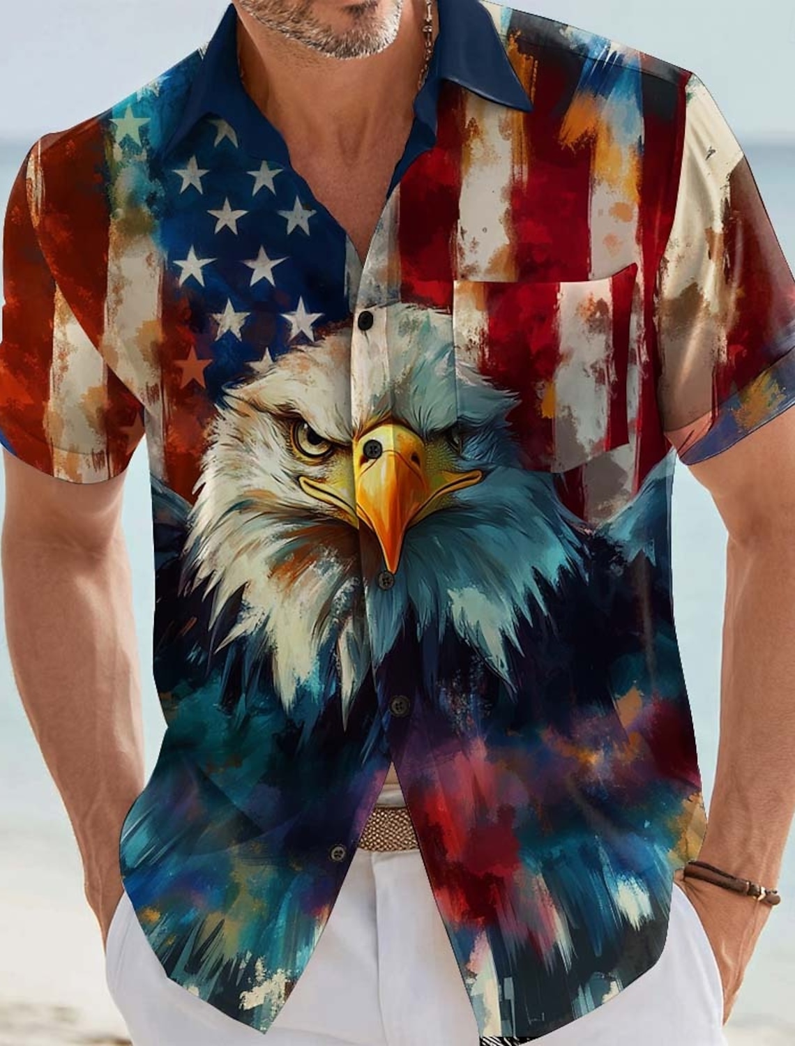 Men's 4th of July U.S. 250th Anniversary Eagle US Flag Shirt Button Up Shirt Short Sleeve Vintage Retro Outdoor Holiday Summer Spring Turndown 3D Print Collared Shirts Front One Pocket Blue White 1